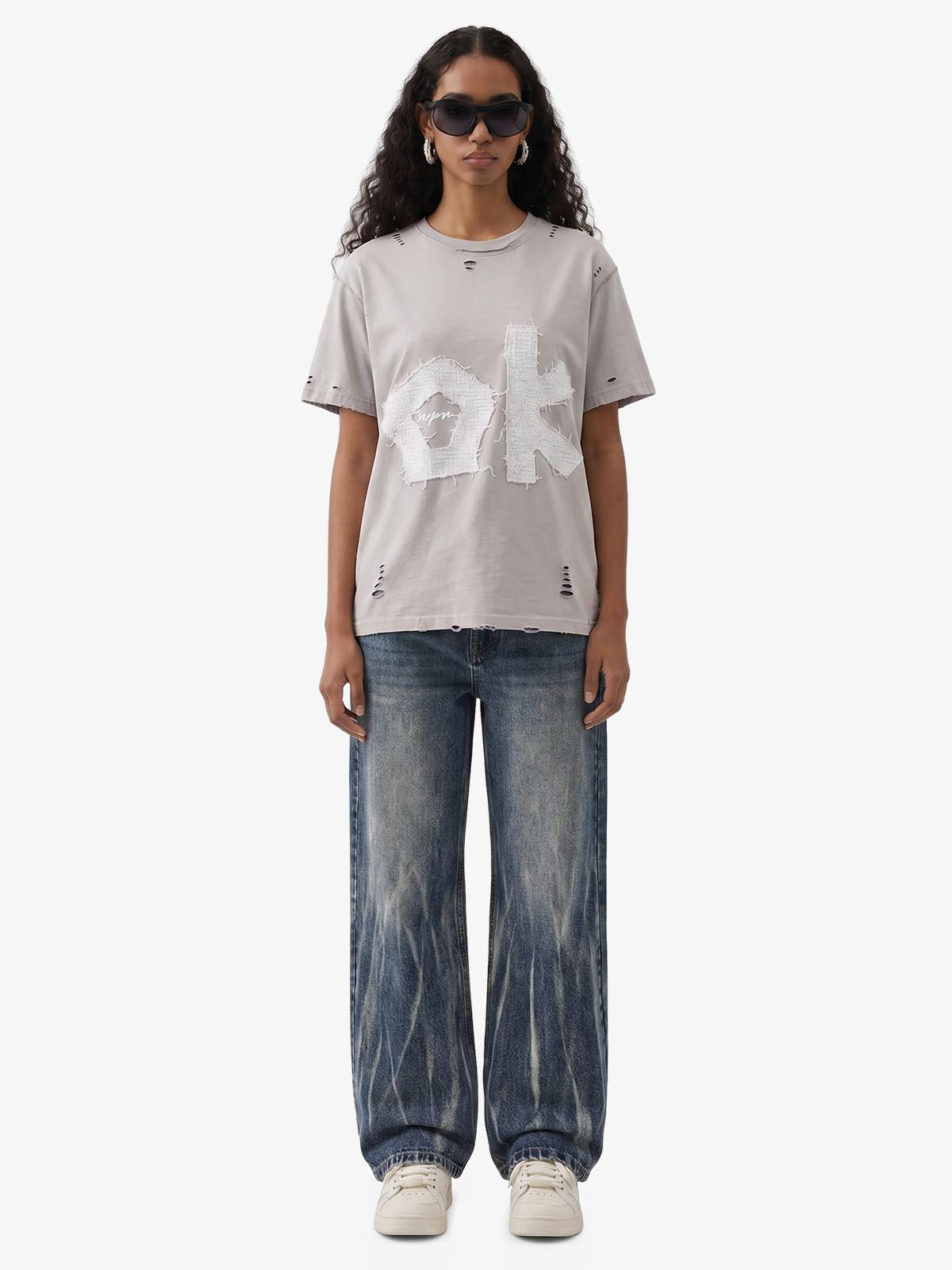 "OK" Patch Color-Block Ripped Reversible T-Shirt 