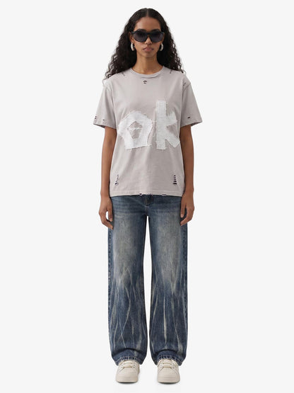 "OK" Patch Color-Block Ripped Reversible T-Shirt 