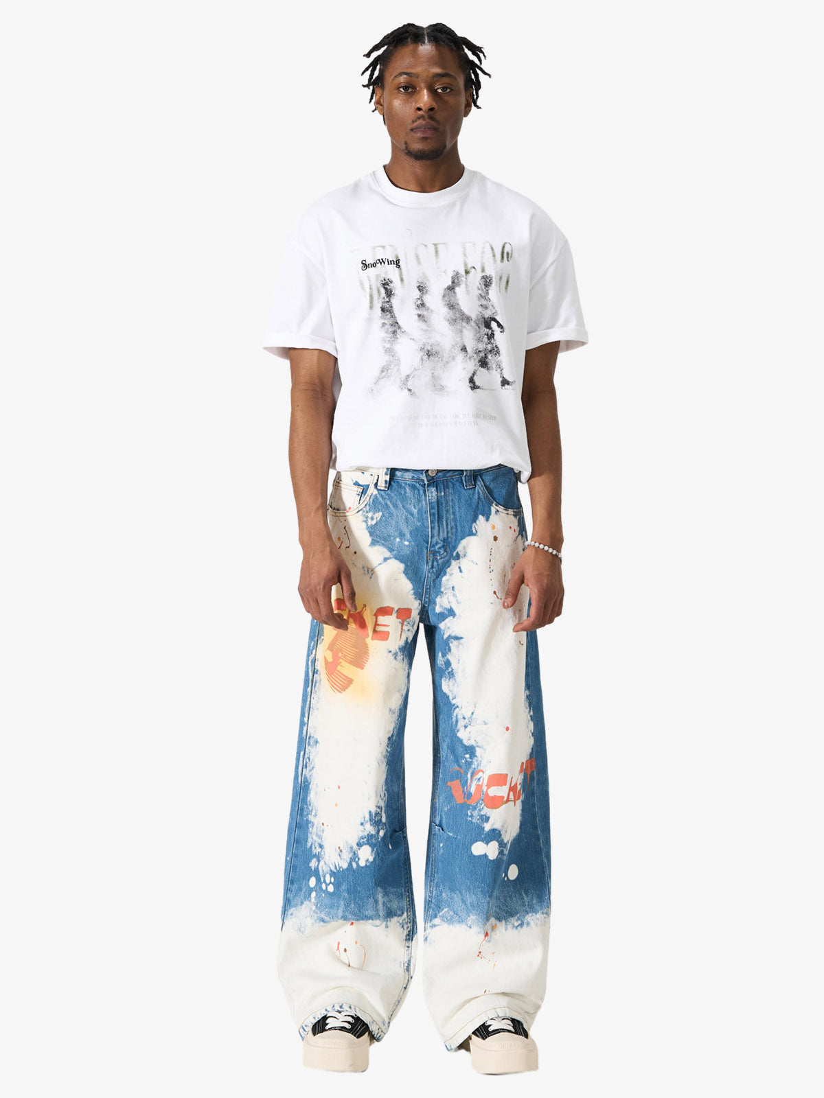 Bleached Paint Splatter Graphic Jeans 