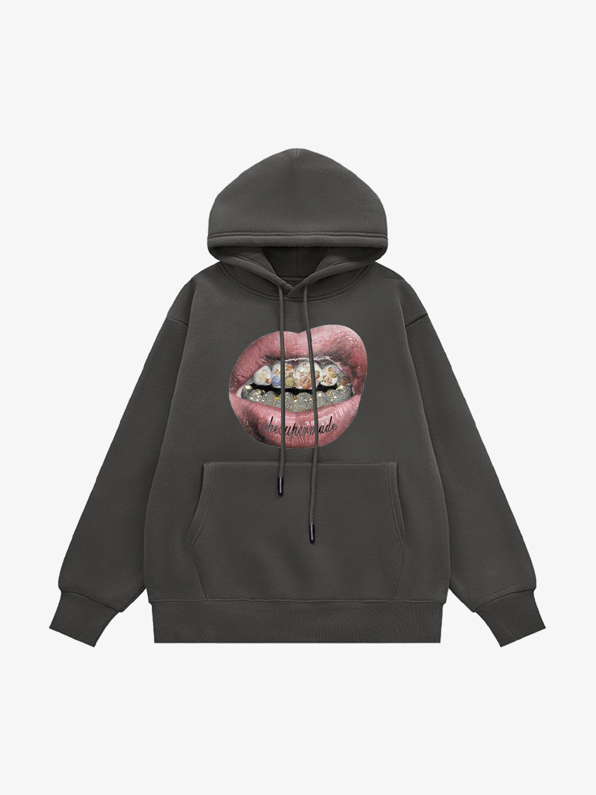 Hip-hop Mouth Gold Print Velvet Hooded Sweatshirt 