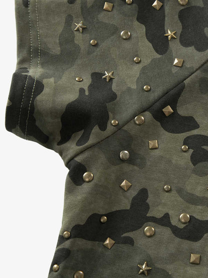 Camo Faux Fur Lounge Set – Gold Star Embellished Shorts & Tee Streetwear Set