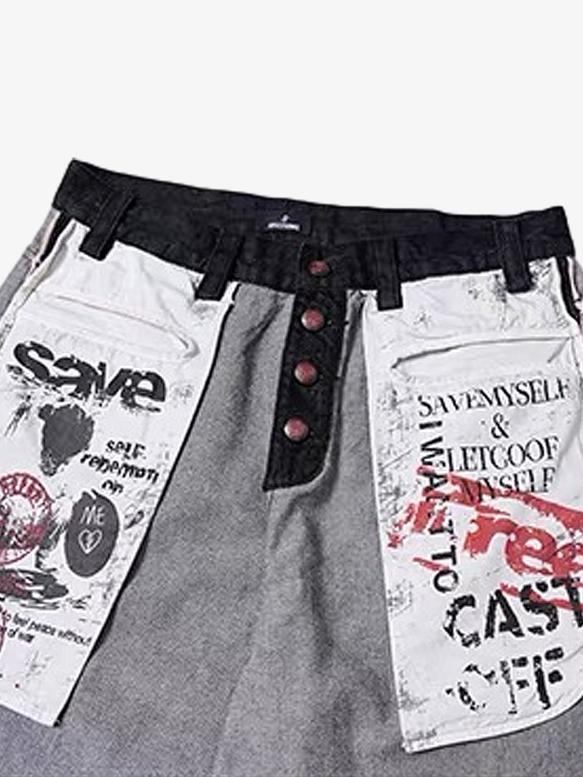 Stylish Wide-Leg Denim Trousers with Graphic Patches and Side Stripes 