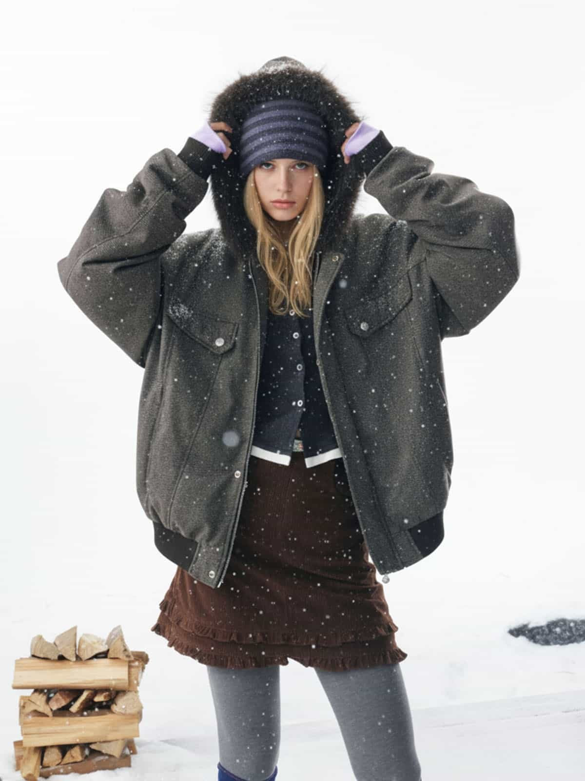 Winter Essential Bomber Jacket with Faux Fur Trimmed Hood 