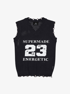 Number Graphic Distressed Mesh Knit Tank Top