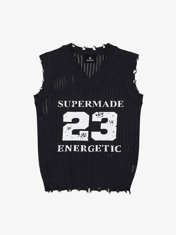 Number Graphic Distressed Mesh Knit Tank Top