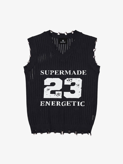 Number Graphic Distressed Mesh Knit Tank Top