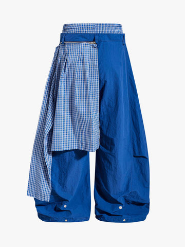 Navy Blue Polyamide Oversized Wide-Leg Trousers with Plaid Panel & Drawstring Waist – Lightweight, Breathable, Streetwear Style