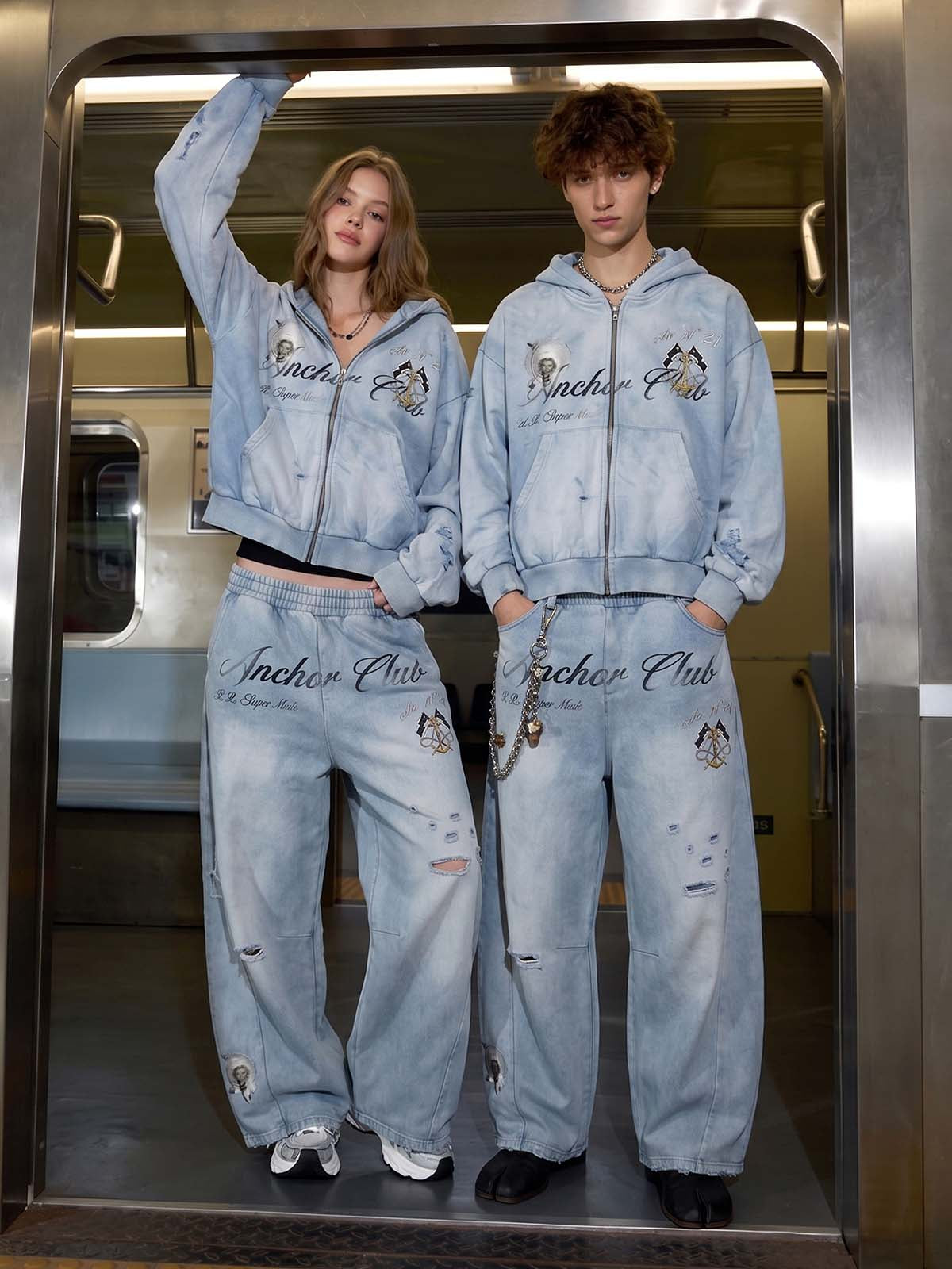 Pirate Skull Graphic Distressed Zip Hoodie & Wide-Leg Sweatpants Set