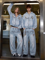 Pirate Skull Graphic Distressed Zip Hoodie & Wide-Leg Sweatpants Set