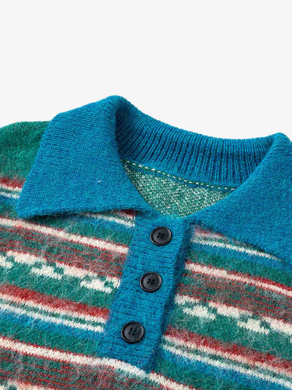 Vintage Striped Jacquard Polo Knit Sweater 
