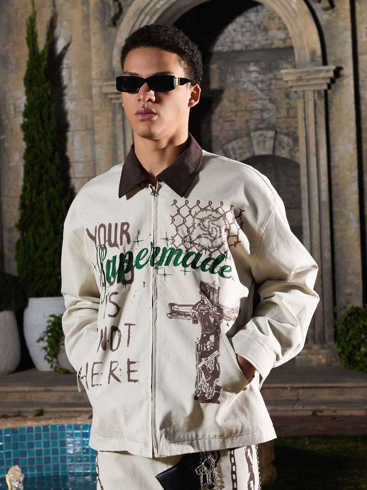 Supermade “Your God Is Not Here” Slogan Print Color-Blocked Embroidered Retro Canvas Set 