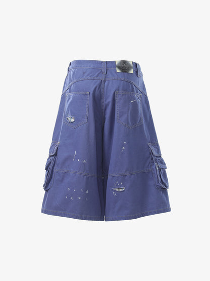 Vintage Distressed Multi Pocket Wide Leg Cargo Shorts 