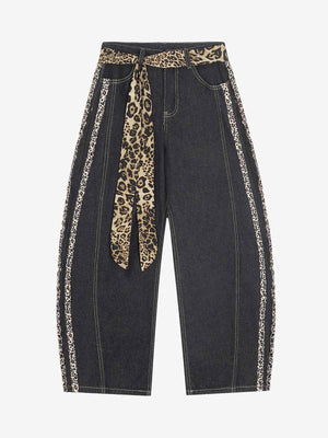 Denim Leopard Print Wide Leg Trousers with Belted Waist and Side Stripes 