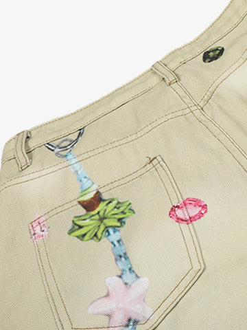 Jeansshorts mit Blumenapplikationen im Used-Look