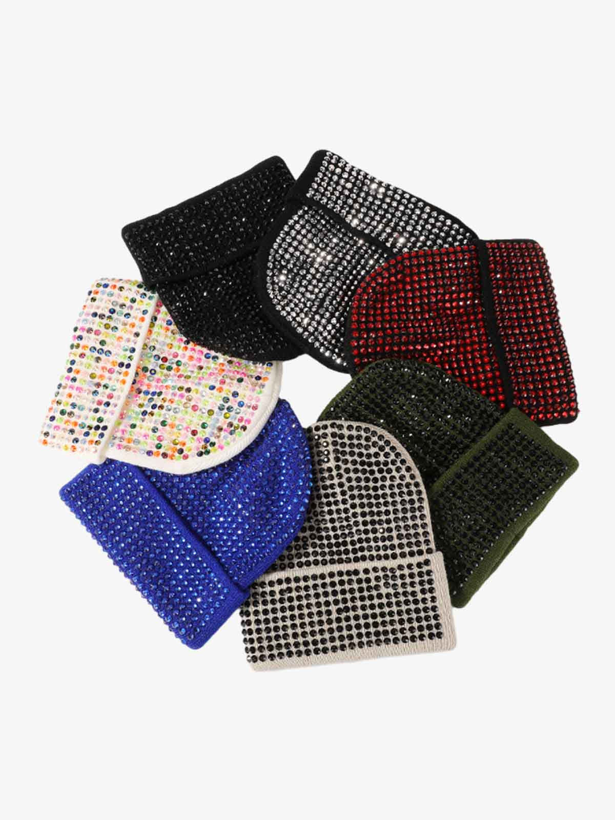Rhinestone Embellished Ribbed Knit Beanie Hat 