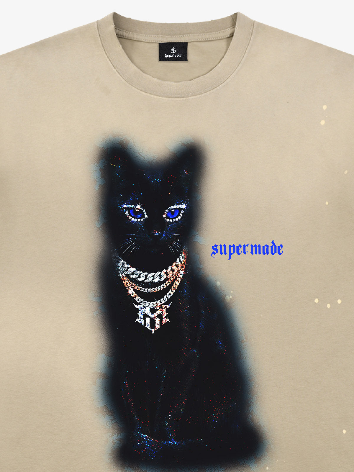 Cotton Black Cat Graphic T-Shirt with Chain Print and Splatter Design 