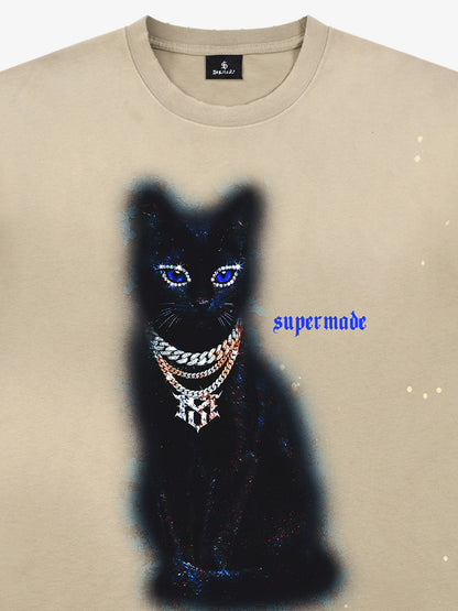 Cotton Black Cat Graphic T-Shirt with Chain Print and Splatter Design 