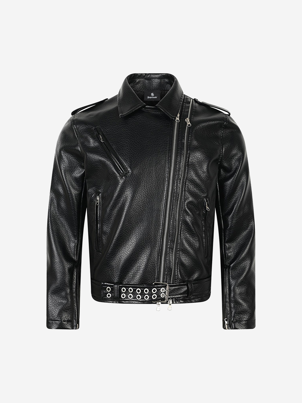 Studded-Belt Asymmetric Zip Faux Leather Biker Jacket