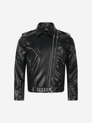 Studded-Belt Asymmetric Zip Faux Leather Biker Jacket
