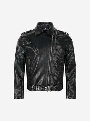 Studded-Belt Asymmetric Zip Faux Leather Biker Jacket