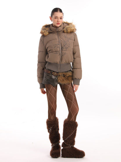 Retro Dark Print Faux Fur Collar Quilted Jacket 