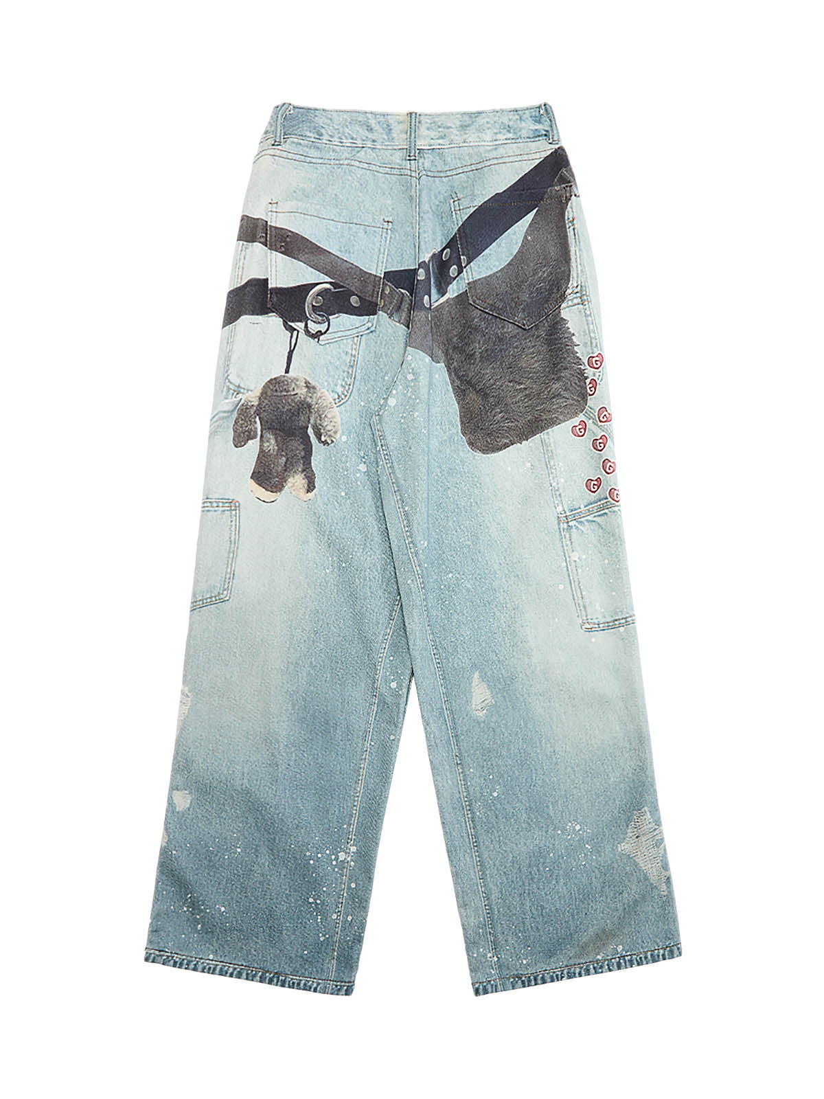 Distressed Washed Ink-splashed Chain Print Baggy Jeans