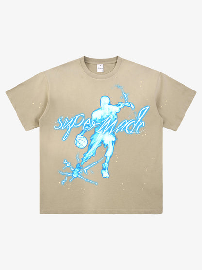 thesupermade "Energy Burst" Basketball Player Cyber Aesthetic Electric Print T-Shirt – Vintage Washed Oversized Basketball Streetwear T-Shirt 