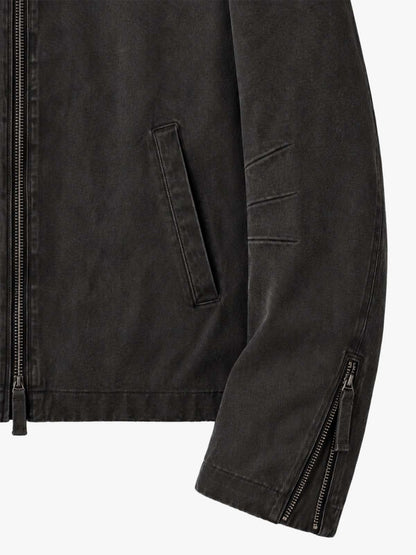 Cropped Distressed-wash Canvas Biker Jacket