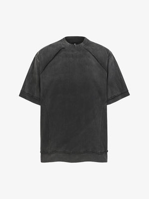 Faux Suede Oversized Short Sleeve T-Shirt with Ribbed Trim and Panel Design 