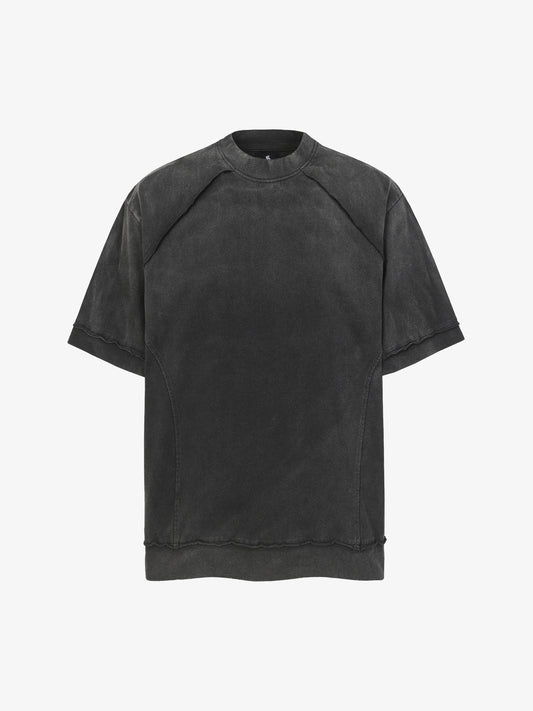 Faux Suede Oversized Short Sleeve T-Shirt with Ribbed Trim and Panel Design 