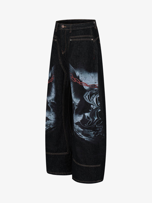 Dark Gothic Graphic Wide-Leg Jeans 