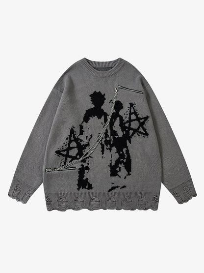 Oversized Graphic Sweater with Chain Detail - Perfect for Casual and Trendy Looks 