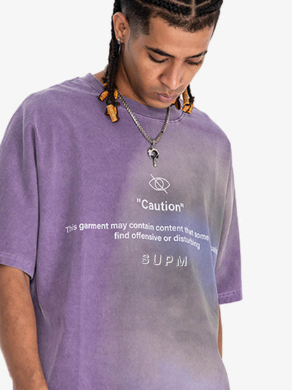 300G Cotton Jade Pattern Dyed T-Shirt with Caution Print Oversized Streetwear Tee 
