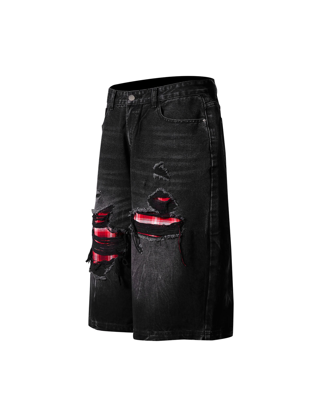 Retro Ripped Contrast Plaid Denim Shorts 