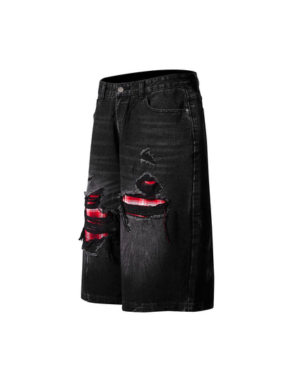 Retro Ripped Contrast Plaid Denim Shorts 