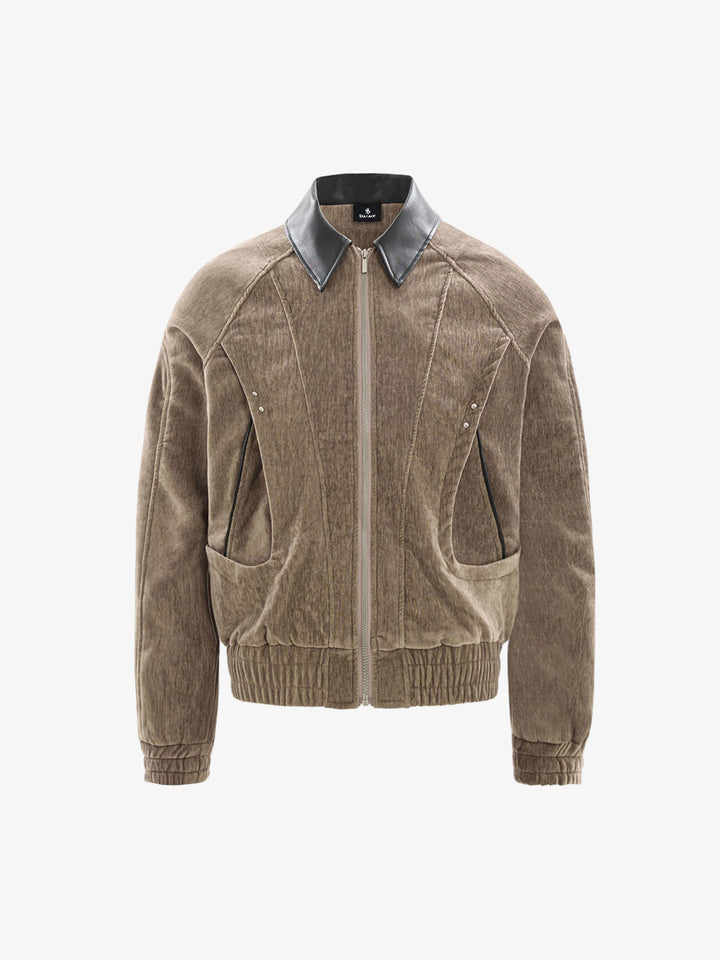Oversized Pocket Color Block Faux Leather Lapel Jacket
