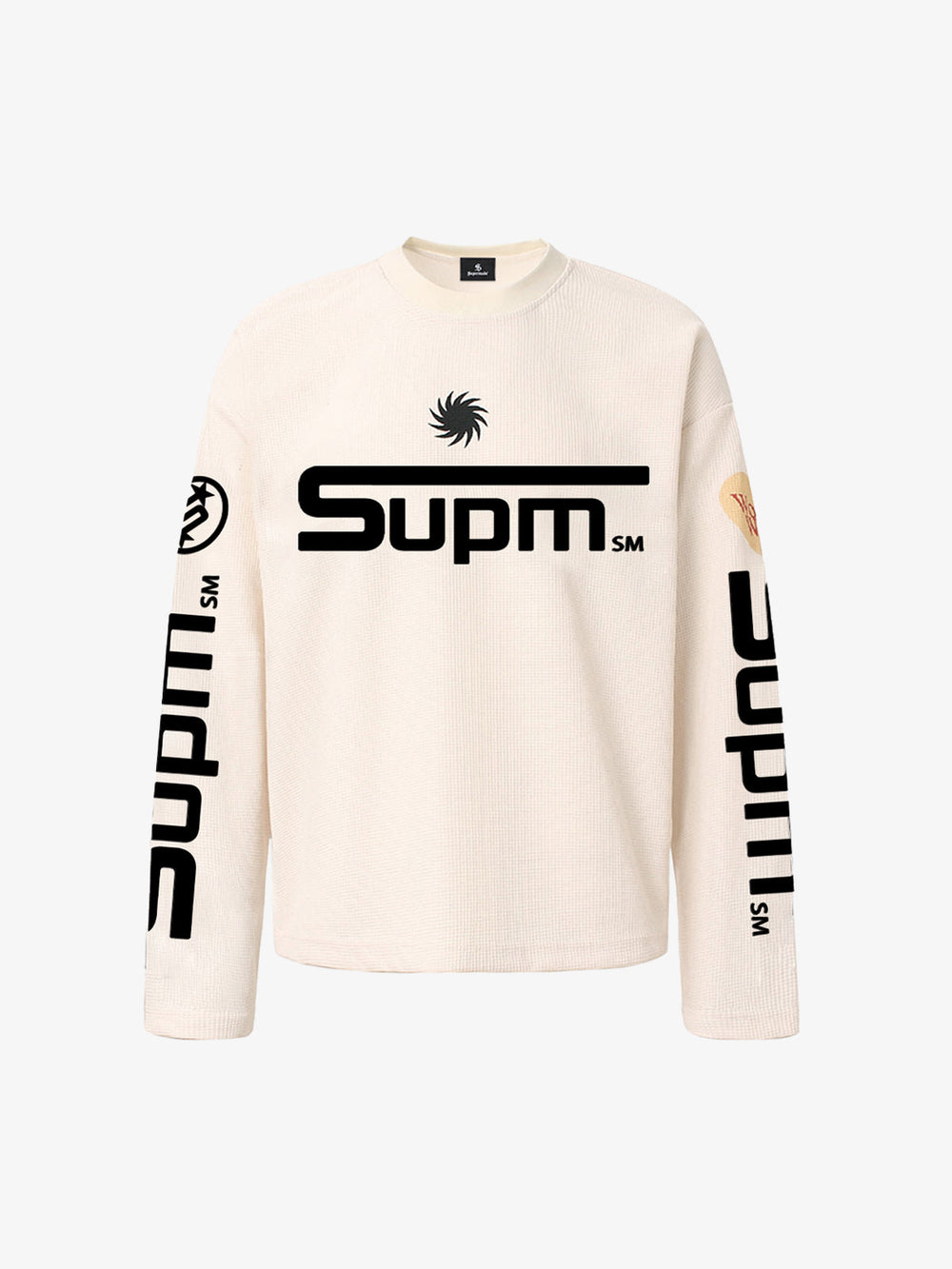 Textured Waffle SUPM Letter Graphic Long Sleeve T-Shirt - 2600 
