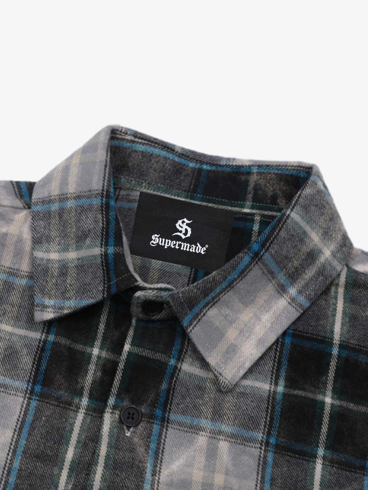 Thesupermade Street Hip-hop Washed Distressed Mottled Plaid Red Print Long-sleeved Shirt 