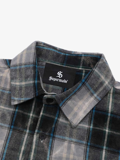 Thesupermade Street Hip-hop Washed Distressed Mottled Plaid Red Print Long-sleeved Shirt 