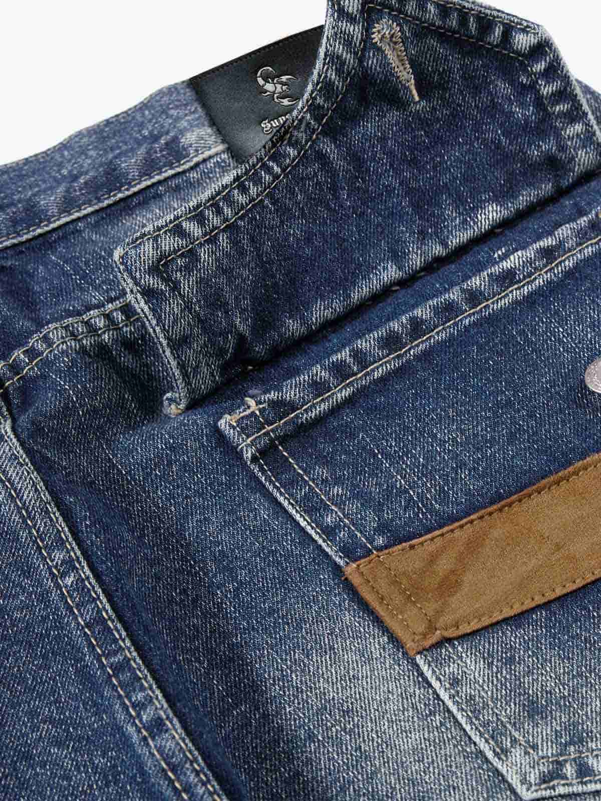 Street-style Distressed Washed Patchwork Suede Jeans