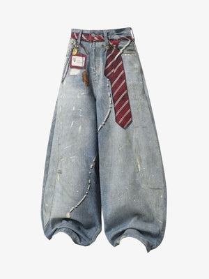 Denim Wide Leg Baggy Jeans with Tie and Pearl Chain Detail for Women Fashion Streetwear 