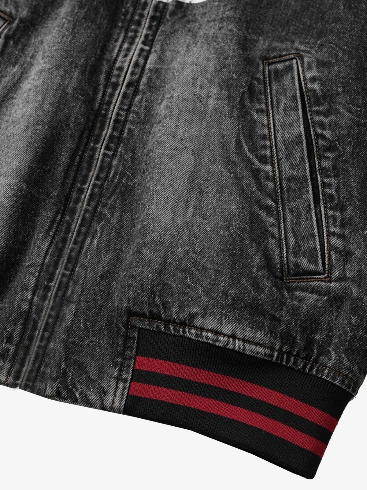 Washed Denim Racing Graphic Print Varsity Jacket