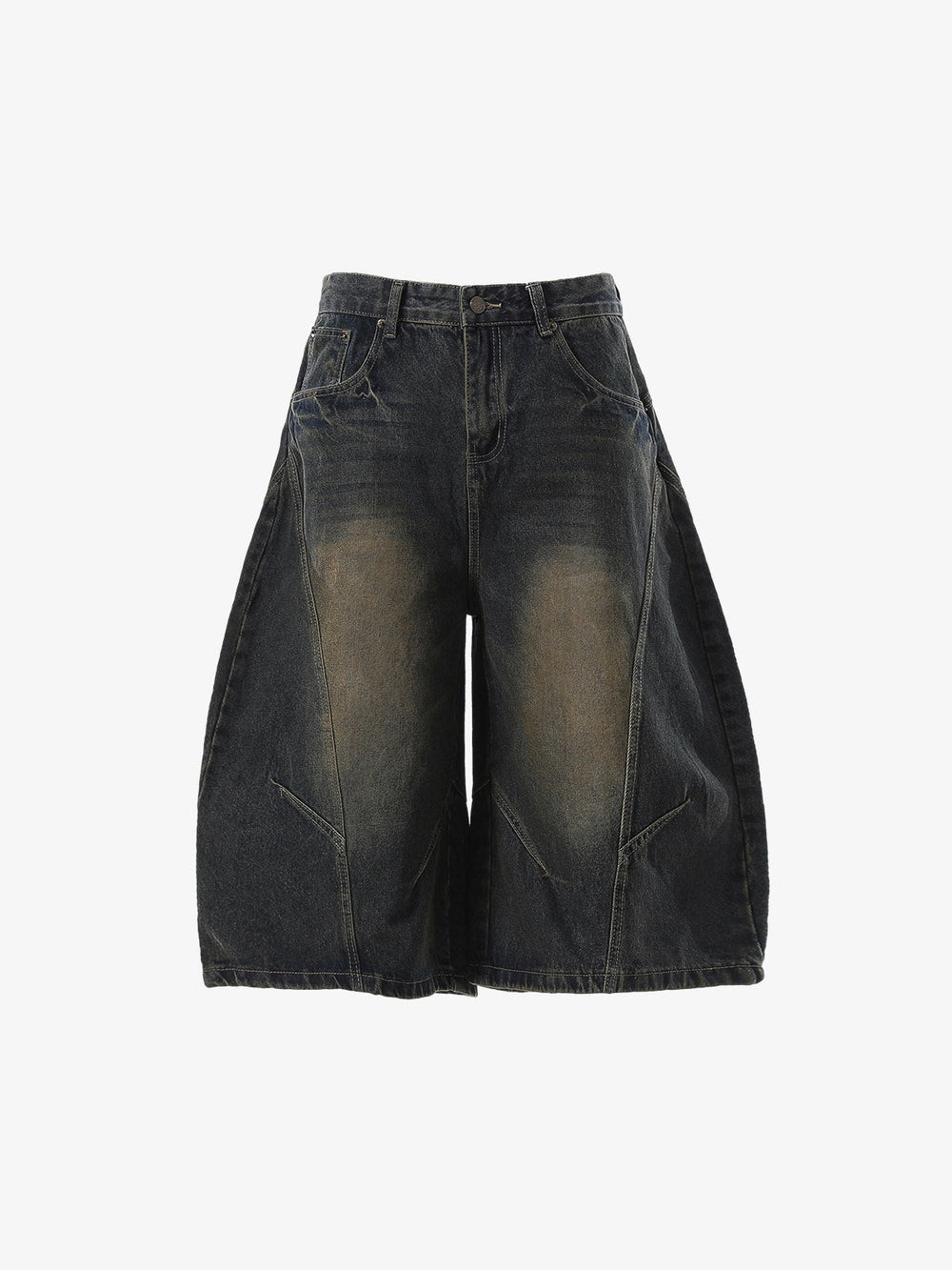 Curved Silhouette 3D Paneled Denim Shorts 