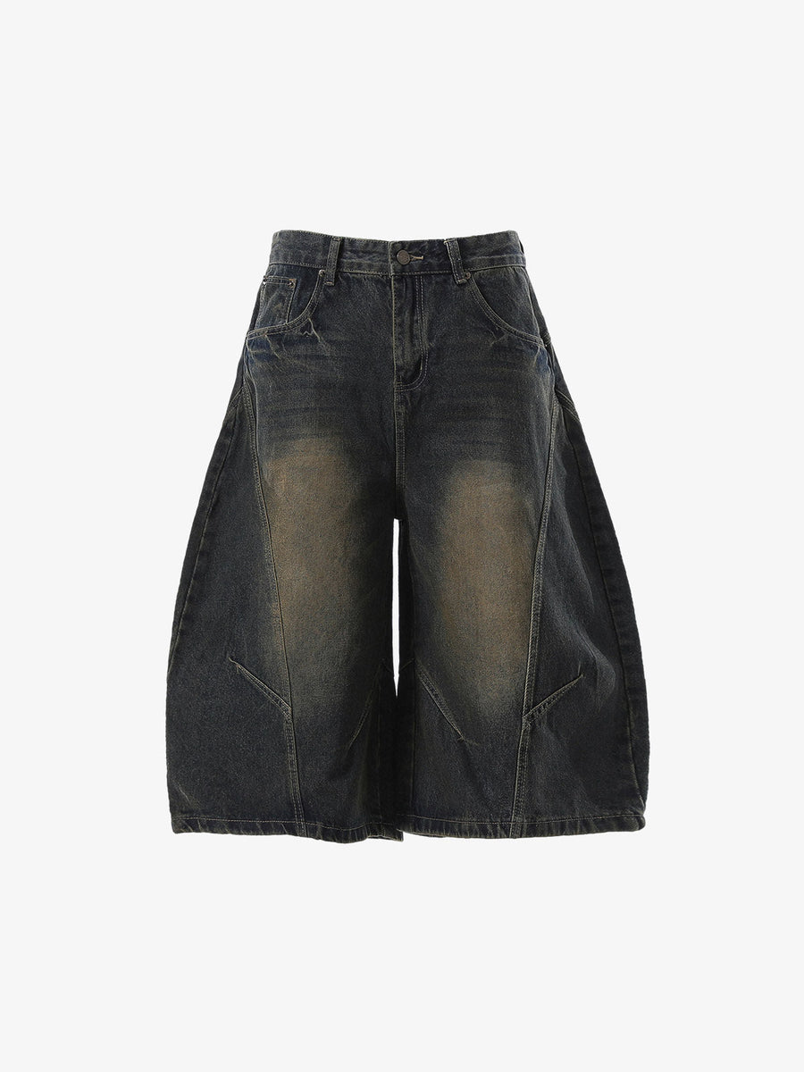 Curved Silhouette 3D Paneled Denim Shorts 