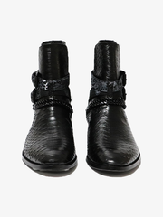 Embossed Genuine Leather Buckle Ankle Boots