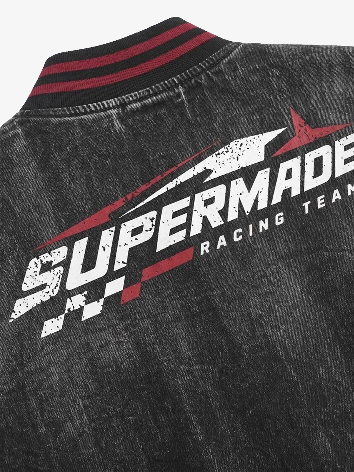 Washed Denim Racing Graphic Print Varsity Jacket