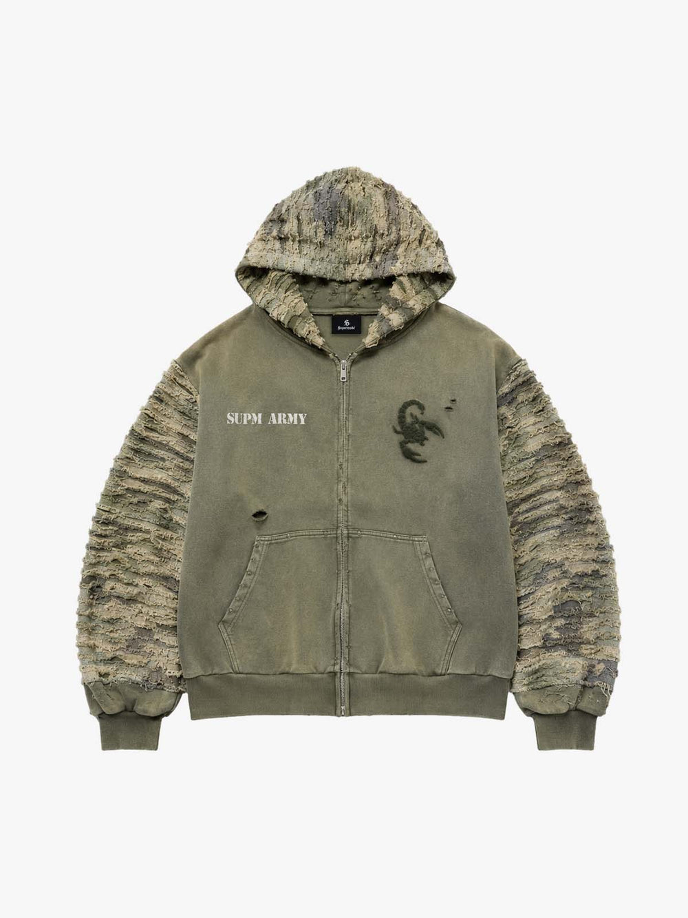 Camo Boro Paneled Distressed Zip Hoodie
