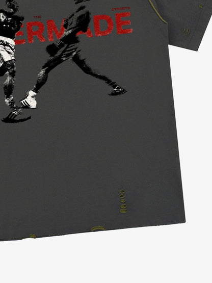 Black Distressed Graphic T-Shirt with Boxing Print – Relaxed Fit Streetwear Tee