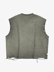 Cotton Sleeveless Crop Top with Distressed Design and Drawstring Hem - Supermade 63 Graphic Vest 