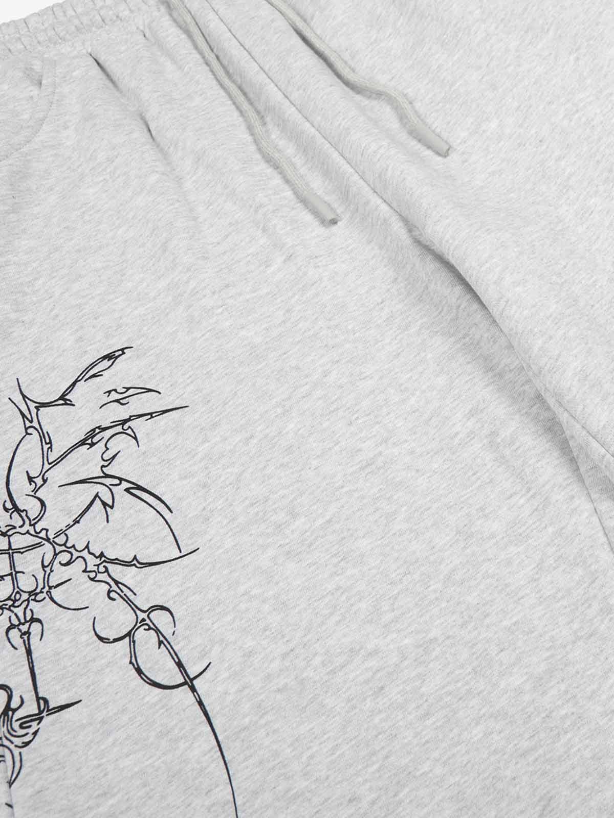 Floral Line Art Studded Wide Leg Drawstring Sweatpants